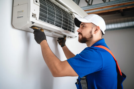 HVAC technician installing a mini split air conditioner in Santa Monica