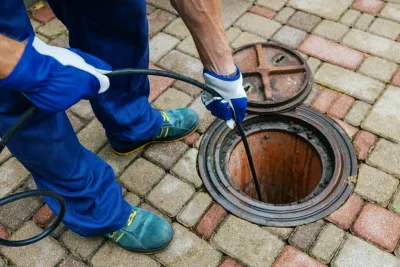 Plumber cleaning an outdoor sewer drain in Santa Monica