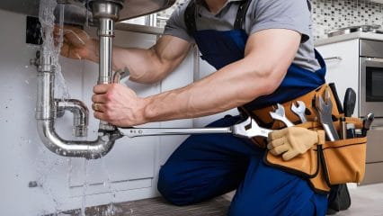Plumber repairing pipes beneath a sink in Santa Monica
